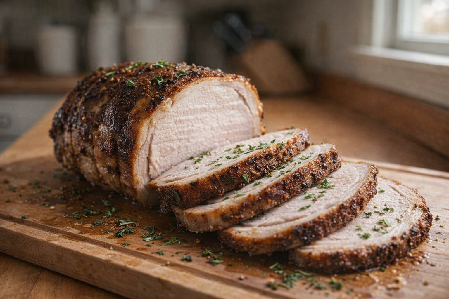 A beautifully roasted pork loin on a wooden cutting board, sliced and garnished with fresh herbs, golden brown crust, natural light